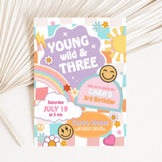 Retro Groovy Young Wild und Drei Geburtstagsparty Einladung