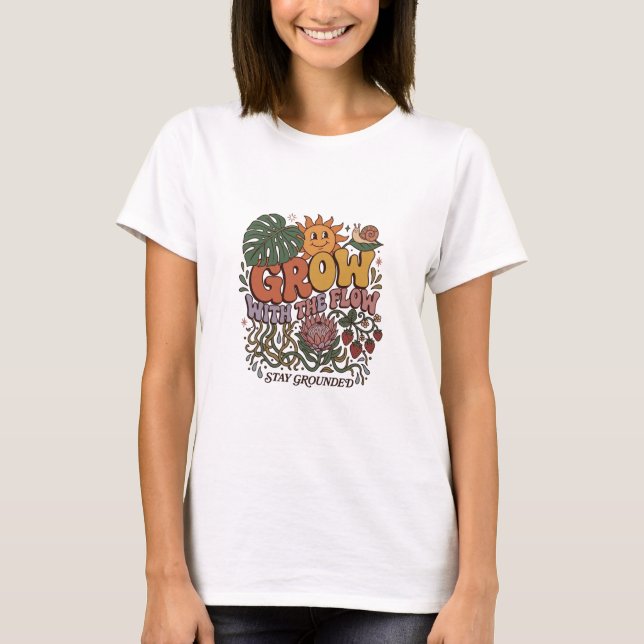 Retro Grow With The Flow T-Shirt | Boho Botanisch (Vorderseite)