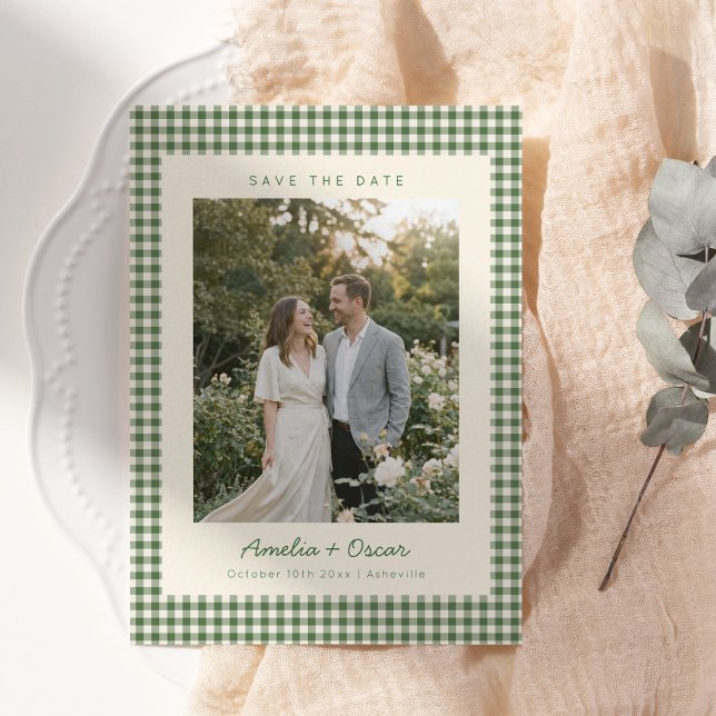 Retro Grün Gingham Karo Muster Foto Hochzeit Save The Date (Von Creator hochgeladen)