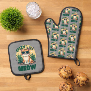 Retro "Grün ist das neue Miauen" Coole Katze Natur Ofenhandschuh & Topflappen-Set