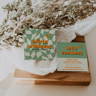 Retro Grün Orange Groovy Kariert Boho Trendig Quadratische Visitenkarte