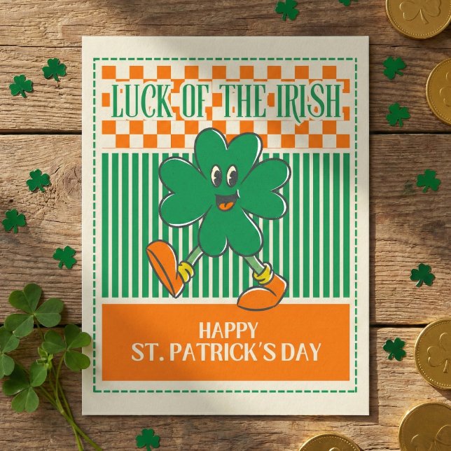 Retro Grün Orange Walking Shamrock St. Patrick Postkarte (Von Creator hochgeladen)