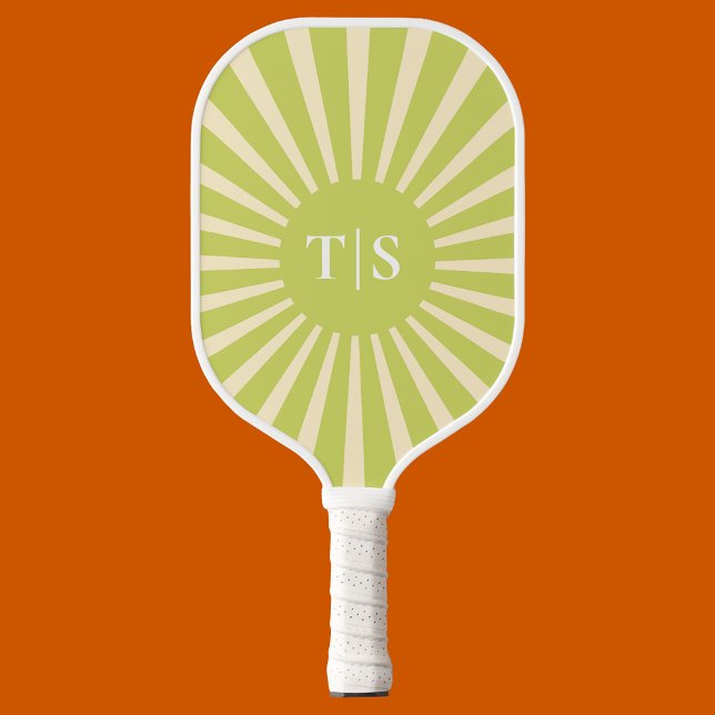 Retro-Grün-Sonnenstrahl-Monogramm-Initialen Pickleball Schläger (Retro Green Sunburst Monogram Initials Pickleball Paddle
)