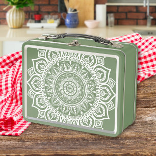 Retro Grün-Weiß-Mandala-Kunststoffdruck Metall Brotdose