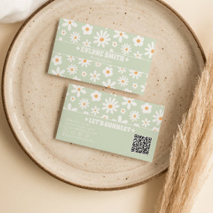 Retro Grün Weiß QR-Code Groovy Floral Einzigartig Visitenkarte
