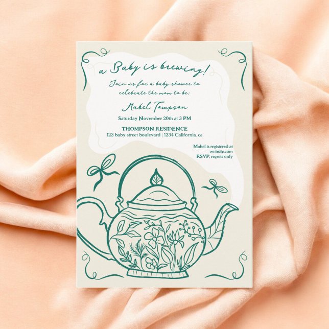 Retro-grüne Bugkartentee Baby Braut Babydusche Einladung (Retro green bow teapot baby is brewing Baby shower Invitation)