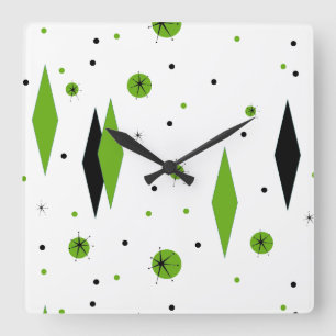Retro-grüne Diamanten und Sternexplosionen-Wandkle Quadratische Wanduhr
