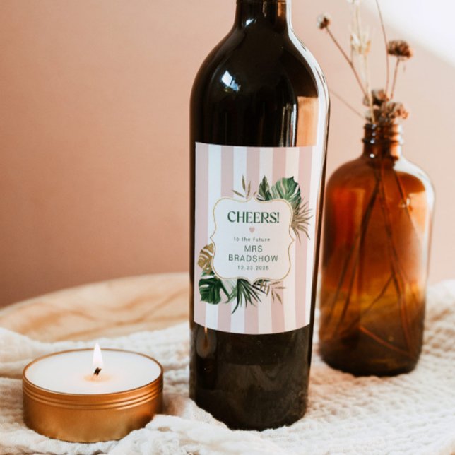 Retro-grüne rosa Streifen tropisch chic bridal Weinetikett (Von Creator hochgeladen)