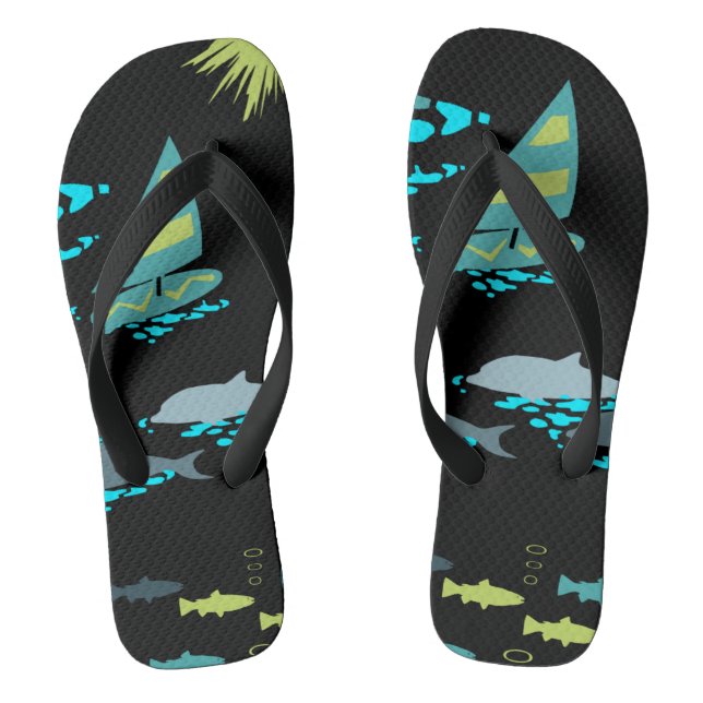 Retro grüner Türkis-Schwarz-Windsurfer u. Delphine Flip Flops (Fußbett)