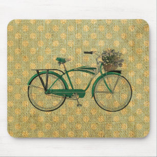 Retro grünes Fahrrad mit Blumen-Korb Mousepad