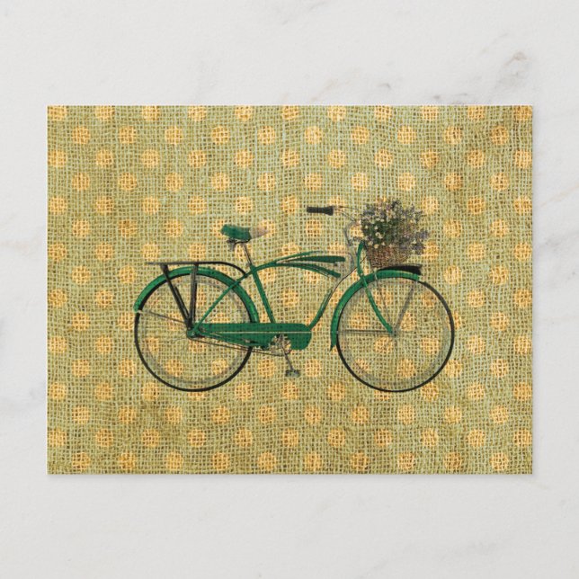 Retro grünes Fahrrad mit Blumen-Korb Postkarte (Vorderseite)
