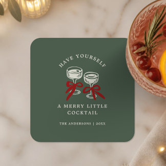 Retro-Grünes Frohes Kleines Cocktail-Weihnachtsfes Rechteckiger Pappuntersetzer