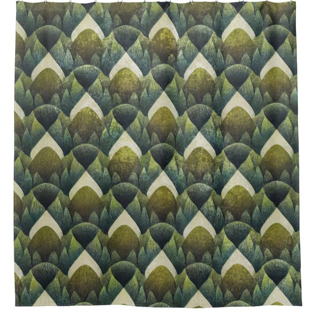Retro Grünoliv geometrisches Kunstmuster Duschvorhang (Vorderseite)