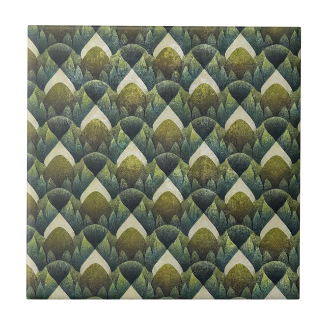 Retro Grünoliv geometrisches Kunstmuster Fliese (Vorderseite)