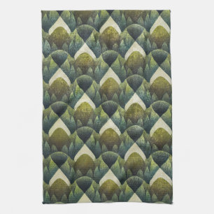 Retro Grünoliv Geometrisches Kunstmuster Geschirrtuch