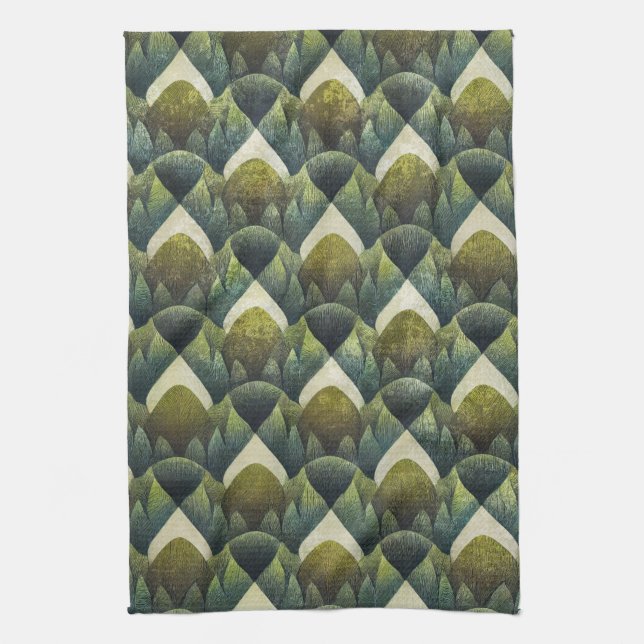 Retro Grünoliv Geometrisches Kunstmuster Geschirrtuch (Vertikal)