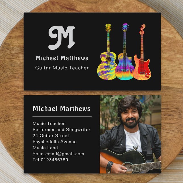 Retro Guitar Music Teacher Custom Foto Visitenkarte (Modern retro guitar music teacher professional musician photo business card)