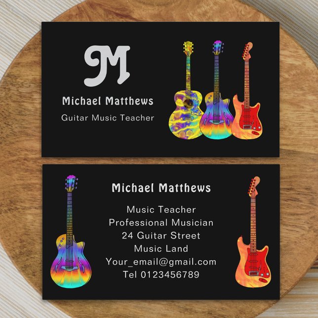Retro Guitar Music Teacher Custom Visitenkarte (Modern retro guitar music teacher professional musician Business card funky art guitars groovy text)