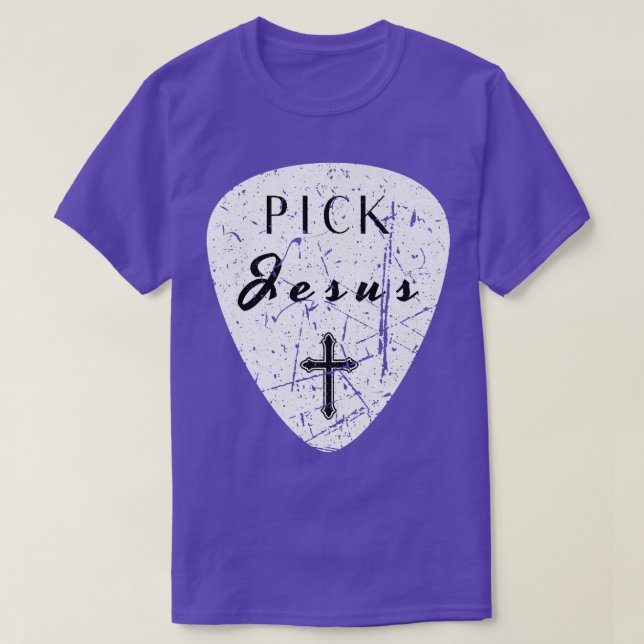 Retro Guitar Pick Pun Pick Jesus Cross Worship Lea T-Shirt (Design vorne)