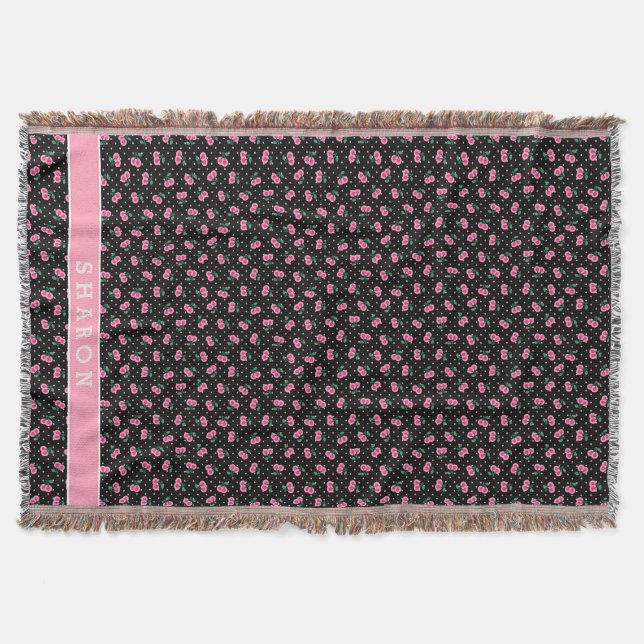 Retro gürtelschwarz rosa Kirschmuster Monogramm Decke (Vorderseite)