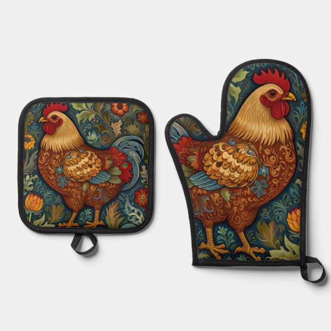 Retro-Hahn boho schicke Hähnchen Ofenhandschuh & Topflappen-Set (Vorderseite)