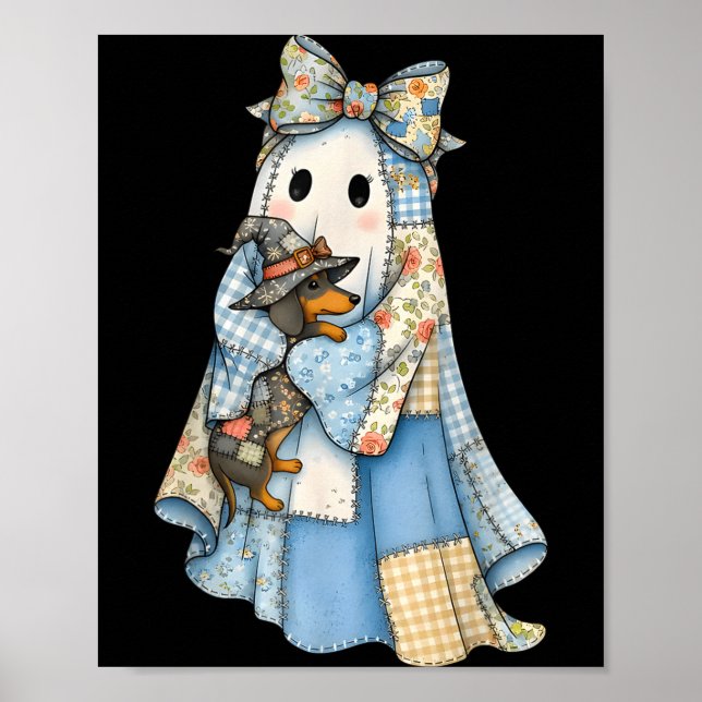 Retro Halloween Blaues Denim-Geist-Dachshund Lusti Poster (Vorne)