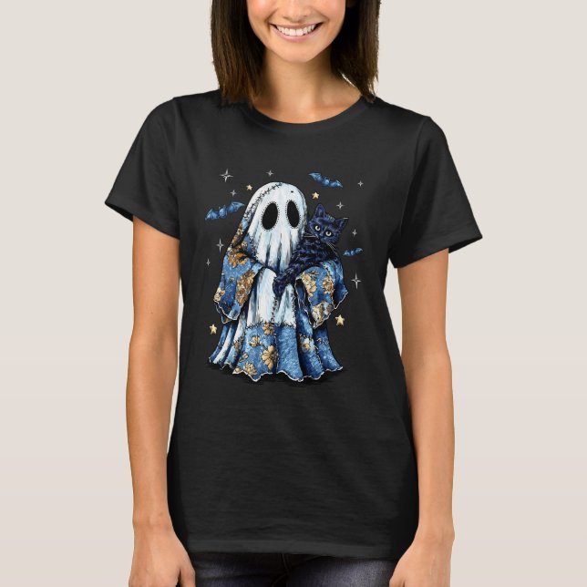 Retro Halloween Blaues Denim-Patchwork-Gespenst Sc T-Shirt (Vorderseite)