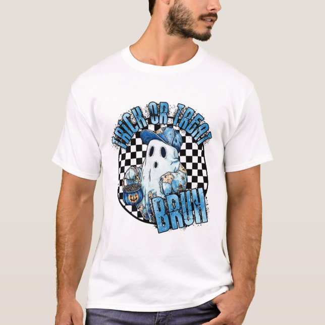 Retro Halloween Blaues Denim-Patchwork Gruseliger  T-Shirt (Vorderseite)