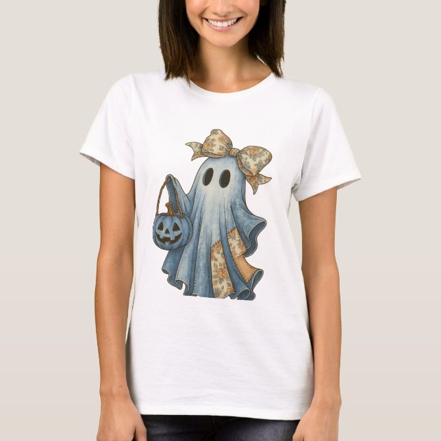 Retro Halloween Blue Denim Ghost Shirt (Vorderseite)