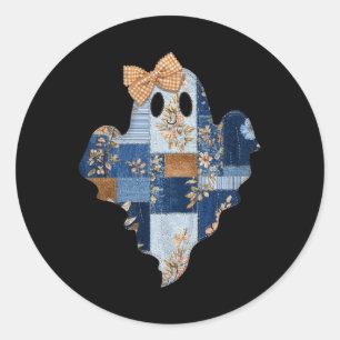 Retro Halloween Blue Denim Patchwork Ghost Boo Coq Runder Aufkleber