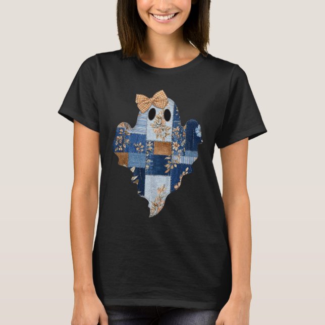 Retro Halloween Blue Denim Patchwork Ghost Boo Coq T-Shirt (Vorderseite)