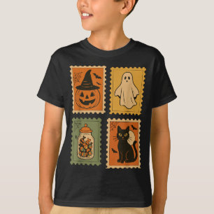 Retro-Halloween-Briefmarken Kürbis Geist schwarze T-Shirt