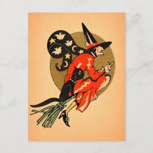 Retro Halloween Broom Hexenkarte Postkarte