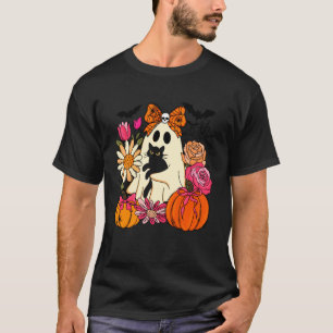 Retro-Halloween-Geist & Katze Kürbis Preppy Floral T-Shirt