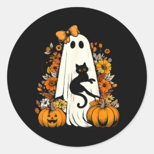 Retro-Halloween-Geist mit schwarzer Katze floral Runder Aufkleber