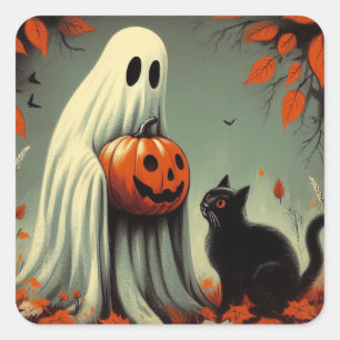 Retro-Halloween-Geist mit schwarzer Katze Quadratischer Aufkleber