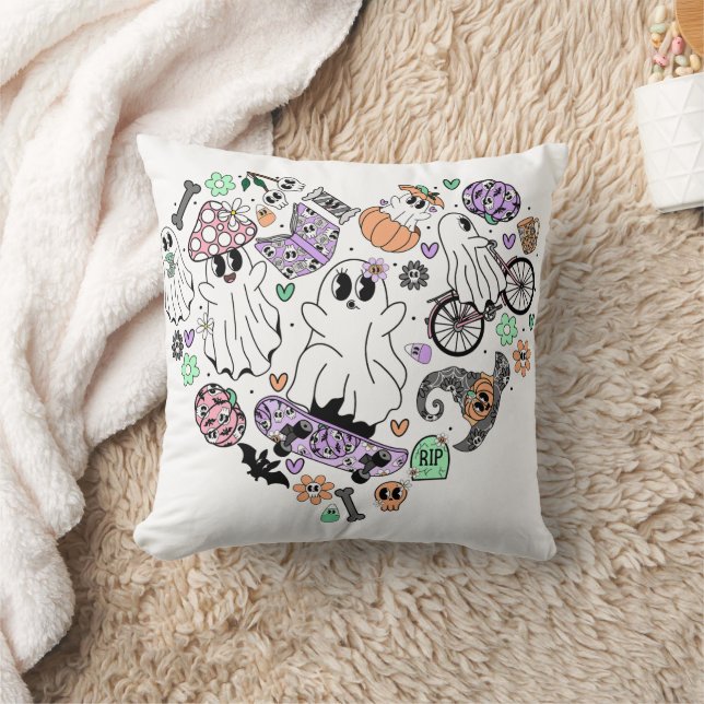 Retro Halloween Geister und Kürbisherzen Kissen (Decke)