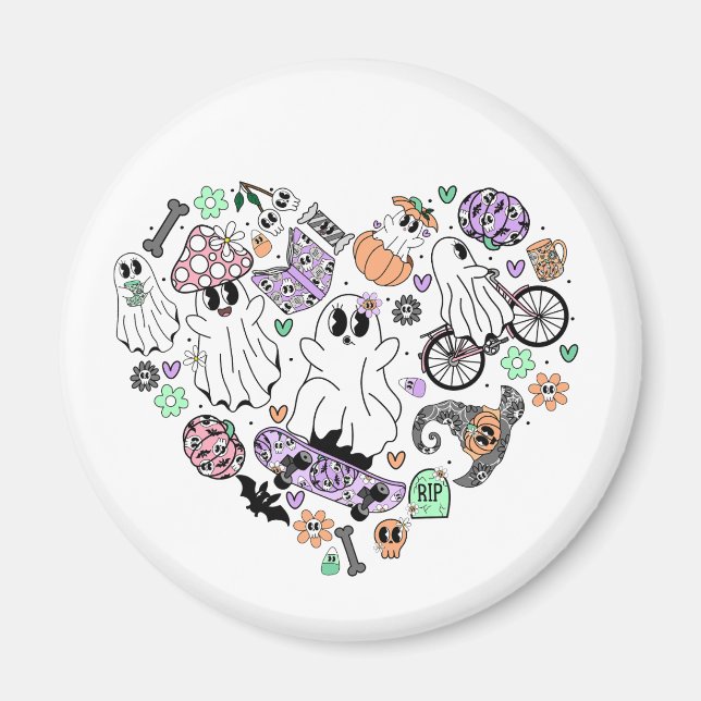 Retro Halloween Geister und Kürbisherzen Magnet (Vorne)