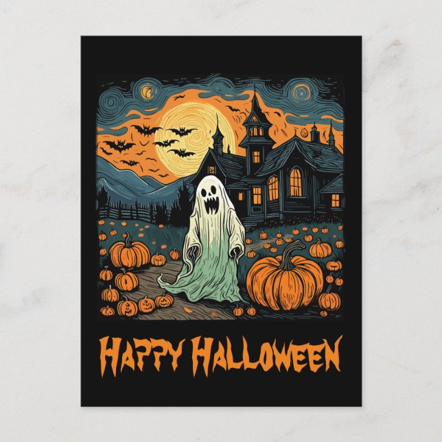 Retro Halloween Ghost Creepy Pumpkin Vollmond Postkarte (Vorderseite)