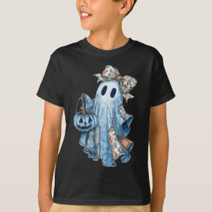 Retro Halloween Ghost Denim Muster Bow Männer Frau T-Shirt