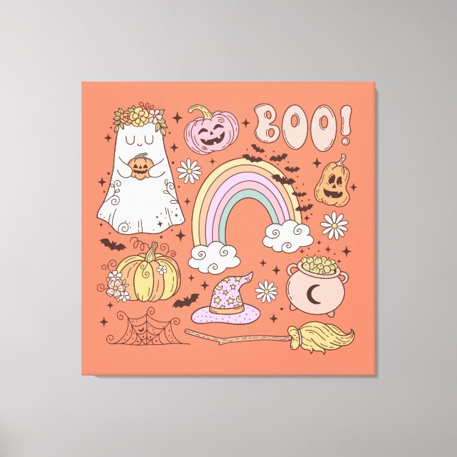 Retro Halloween Ghost Pumpkin Spider Web Hexenhut Leinwanddruck (Vorderseite)