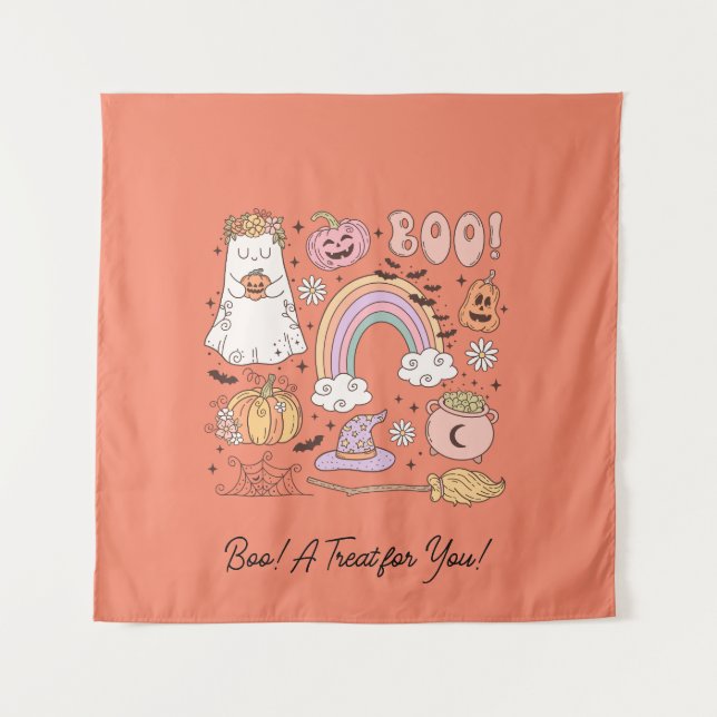 Retro Halloween Ghost Pumpkin Spider Web Hexenhut Wandteppich (Vorderseite)