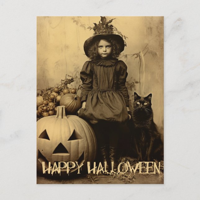 Retro Halloween gruseliges Mädchen mit schwarzer K Postkarte (Vorderseite)
