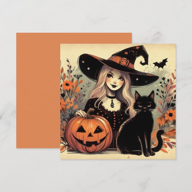 Retro Halloween Hexe mit Schwarzer Katze und Kürbi Karte (Vorne/Hinten)
