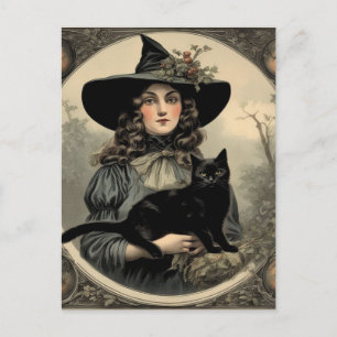 Retro Halloween Hexe und Black Cat Postkarte