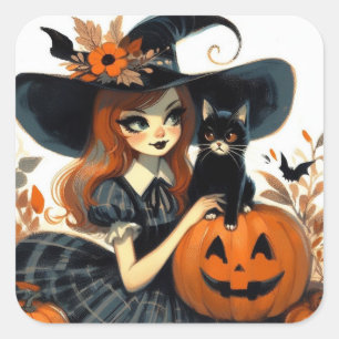 Retro Halloween Hexe und Black Cat Spooky Quadratischer Aufkleber