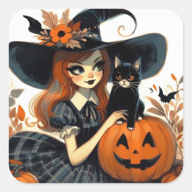 Retro Halloween Hexe und Black Cat Spooky Quadratischer Aufkleber (Vorderseite)