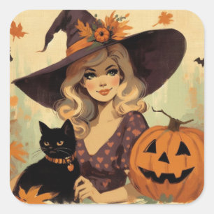Retro-Halloween-Hexe und schwarze Katze Gruselig Quadratischer Aufkleber
