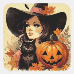 Retro-Halloween-Hexe und schwarze Katze Gruselig Quadratischer Aufkleber