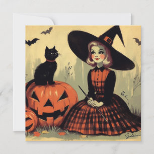 Retro-Halloween-Hexe und schwarze Katze süß Karte